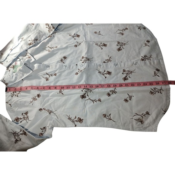 New National Button Up Blouse Top Blue Brown Floral Stretch Womens Petite Large - Picture 10 of 11